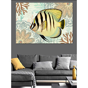Desenli Balık Turkuaz Zeminde Dekoratif Kanvas - Mdf Ahşap Tablo 100x140 cm