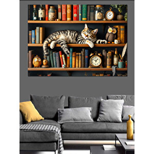 Kütüphanede Uyuyan Kedi Dekoratif Kanvas - Mdf Ahşap Tablo 25x35 cm