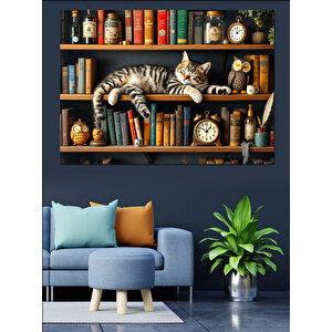 Kütüphanede Uyuyan Kedi Dekoratif Kanvas - Mdf Ahşap Tablo