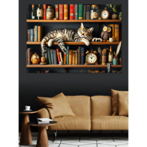 Kütüphanede Uyuyan Kedi Dekoratif Kanvas - Mdf Ahşap Tablo 70x100 cm