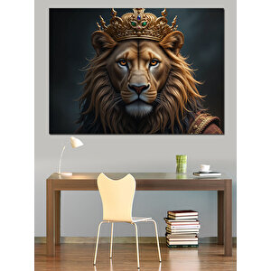 Asil Taçlı Aslan Dekoratif Kanvas - Mdf Ahşap Tablo 100x140 cm