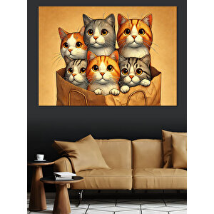 Karton Kutuda Sevimli Kediler Dekoratif Kanvas - Mdf Ahşap Tablo