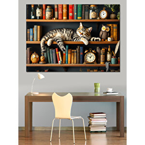 Kütüphanede Uyuyan Kedi Dekoratif Kanvas - Mdf Ahşap Tablo 35x50 cm
