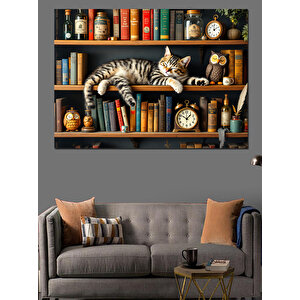 Kütüphanede Uyuyan Kedi Dekoratif Kanvas - Mdf Ahşap Tablo