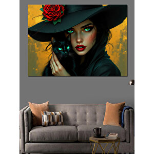 Siyah Kedili Şapkalı Kadın Dekoratif Kanvas - Mdf Ahşap Tablo 100x140 cm