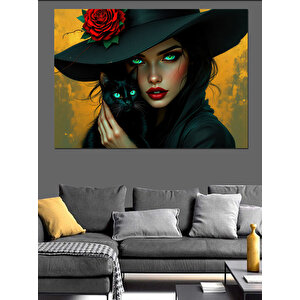 Siyah Kedili Şapkalı Kadın Dekoratif Kanvas - Mdf Ahşap Tablo