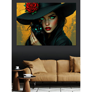 Siyah Kedili Şapkalı Kadın Dekoratif Kanvas - Mdf Ahşap Tablo