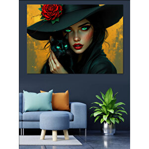 Siyah Kedili Şapkalı Kadın Dekoratif Kanvas - Mdf Ahşap Tablo 25x35 cm