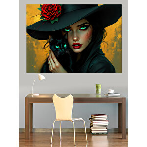Siyah Kedili Şapkalı Kadın Dekoratif Kanvas - Mdf Ahşap Tablo 25x35 cm