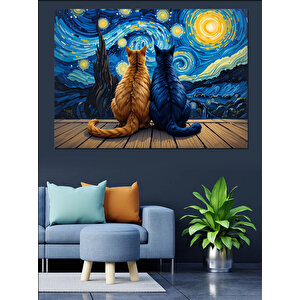 Yıldızlı Gecede Oturan Kediler Dekoratif Kanvas - Mdf Ahşap Tablo 70x100 cm