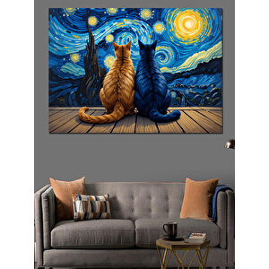 Yıldızlı Gecede Oturan Kediler Dekoratif Kanvas - Mdf Ahşap Tablo 70x100 cm