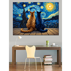 Yıldızlı Gecede Oturan Kediler Dekoratif Kanvas - Mdf Ahşap Tablo 70x100 cm