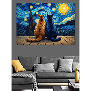 Yıldızlı Gecede Oturan Kediler Dekoratif Kanvas - Mdf Ahşap Tablo