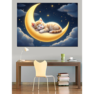 Ay Üstünde Uyuyan Kedi Dekoratif Kanvas - Mdf Ahşap Tablo 35x50 cm