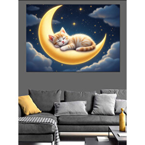 Ay Üstünde Uyuyan Kedi Dekoratif Kanvas - Mdf Ahşap Tablo 35x50 cm