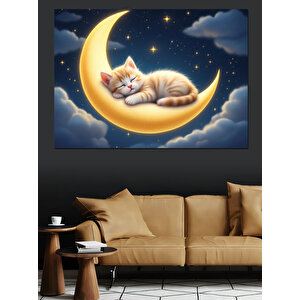 Ay Üstünde Uyuyan Kedi Dekoratif Kanvas - Mdf Ahşap Tablo 35x50 cm