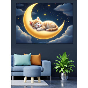 Ay Üstünde Uyuyan Kedi Dekoratif Kanvas - Mdf Ahşap Tablo