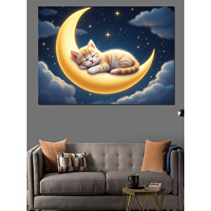 Ay Üstünde Uyuyan Kedi Dekoratif Kanvas - Mdf Ahşap Tablo