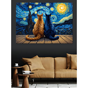 Yıldızlı Gecede Oturan Kediler Dekoratif Kanvas - Mdf Ahşap Tablo