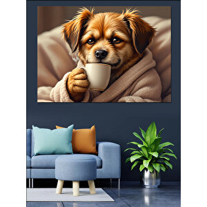 Kahve İçen Sevimli Köpek Dekoratif Kanvas - Mdf Ahşap Tablo