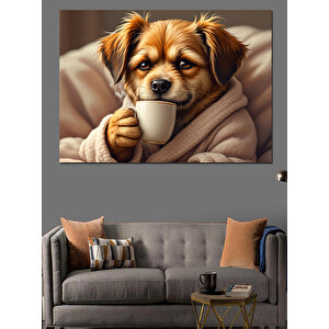 Kahve İçen Sevimli Köpek Dekoratif Kanvas - Mdf Ahşap Tablo