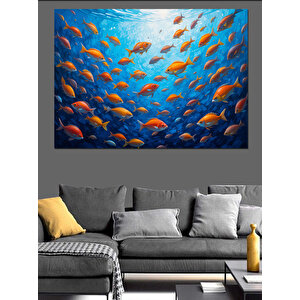 Mavi Derinlikte Turuncu Balıklar Dekoratif Kanvas - Mdf Ahşap Tablo 70x100 cm