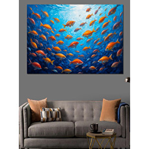 Mavi Derinlikte Turuncu Balıklar Dekoratif Kanvas - Mdf Ahşap Tablo