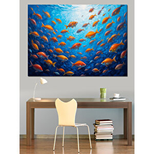 Mavi Derinlikte Turuncu Balıklar Dekoratif Kanvas - Mdf Ahşap Tablo