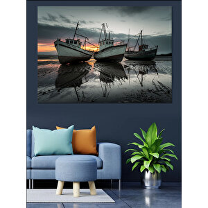 Gün Batımında Balıkçı Tekneleri Dekoratif Kanvas - Mdf Ahşap Tablo