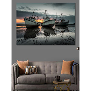 Gün Batımında Balıkçı Tekneleri Dekoratif Kanvas - Mdf Ahşap Tablo