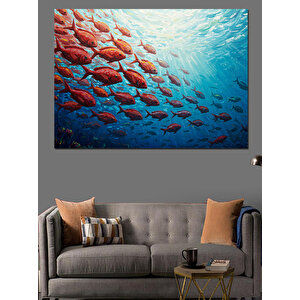 Deniz Altında Balık Sürüsü Dekoratif Kanvas - Mdf Ahşap Tablo 35x50 cm