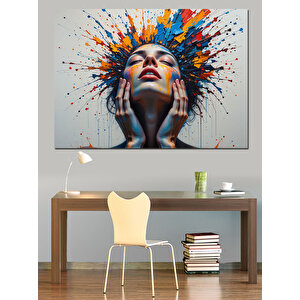 Renk Patlamalı Kadın Yüzü Dekoratif Kanvas - Mdf Ahşap Tablo 100x140 cm