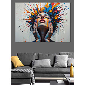 Renk Patlamalı Kadın Yüzü Dekoratif Kanvas - Mdf Ahşap Tablo