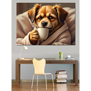 Kahve İçen Sevimli Köpek Dekoratif Kanvas - Mdf Ahşap Tablo 100x140 cm