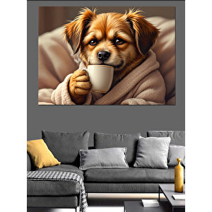 Kahve İçen Sevimli Köpek Dekoratif Kanvas - Mdf Ahşap Tablo 100x140 cm