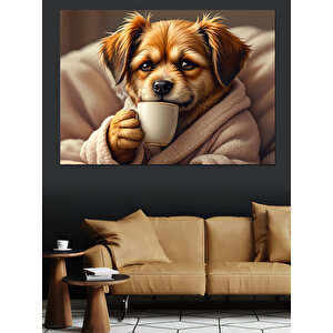 Kahve İçen Sevimli Köpek Dekoratif Kanvas - Mdf Ahşap Tablo 100x140 cm