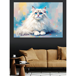Beyaz Tüylü Kedi Dekoratif Kanvas - Mdf Ahşap Tablo 35x50 cm