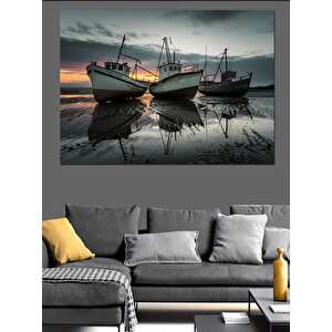 Gün Batımında Balıkçı Tekneleri Dekoratif Kanvas - Mdf Ahşap Tablo 50x70 cm