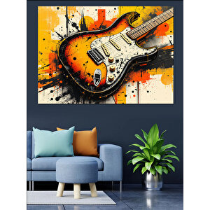 Boya Patlamalı Elektro Gitar Dekoratif Kanvas - Mdf Ahşap Tablo