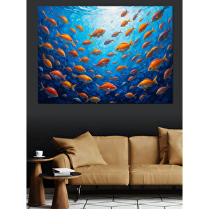 Mavi Derinlikte Turuncu Balıklar Dekoratif Kanvas - Mdf Ahşap Tablo 50x70 cm