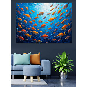 Mavi Derinlikte Turuncu Balıklar Dekoratif Kanvas - Mdf Ahşap Tablo 50x70 cm