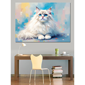 Beyaz Tüylü Kedi Dekoratif Kanvas - Mdf Ahşap Tablo 100x140 cm