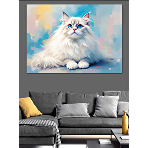 Beyaz Tüylü Kedi Dekoratif Kanvas - Mdf Ahşap Tablo 100x140 cm