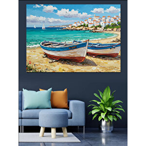 Kumsalda Balıkçı Sandalı Dekoratif Kanvas - Mdf Ahşap Tablo 25x35 cm