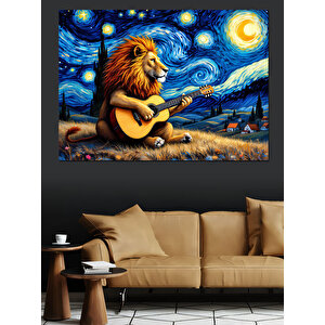 Gitar Çalan Aslan Dekoratif Kanvas - Mdf Ahşap Tablo 100x140 cm