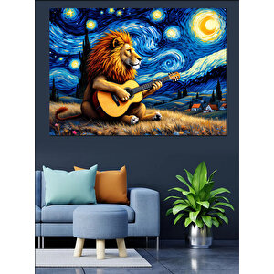 Gitar Çalan Aslan Dekoratif Kanvas - Mdf Ahşap Tablo 100x140 cm