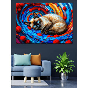 Renkli Dalgada Kedi Dekoratif Kanvas - Mdf Ahşap Tablo 100x140 cm