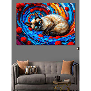 Renkli Dalgada Kedi Dekoratif Kanvas - Mdf Ahşap Tablo 100x140 cm