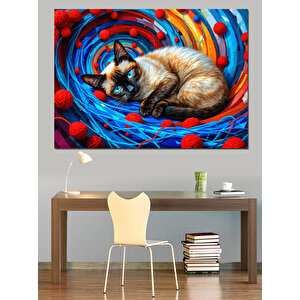 Renkli Dalgada Kedi Dekoratif Kanvas - Mdf Ahşap Tablo 100x140 cm