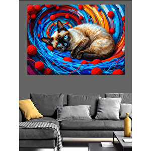 Renkli Dalgada Kedi Dekoratif Kanvas - Mdf Ahşap Tablo